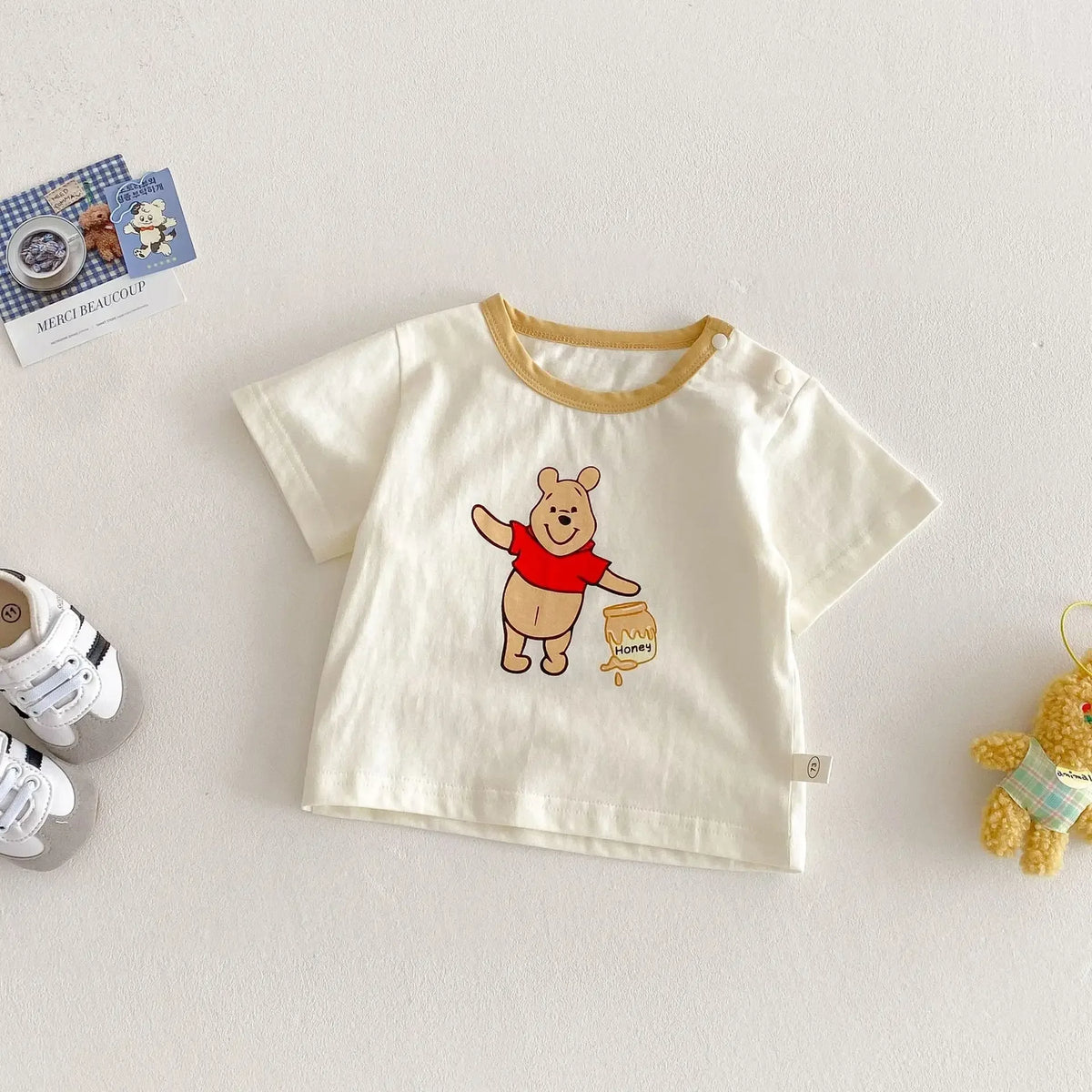 Baby Cartoon T-shirt 2025 New Summer Style 0-5-year-old Boy's Trendy Contrasting Color Base Shirt, Trendy Baby Bear Top