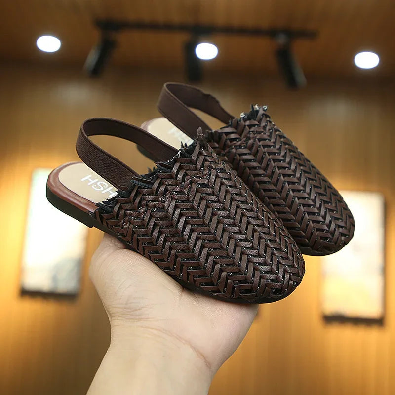 Girls Summer Shoes Weave Knitted Design Children Flat Shoes Kids Summer Sandals Princess Sweet Soft Fashion 2 in 1 Slippers Cute