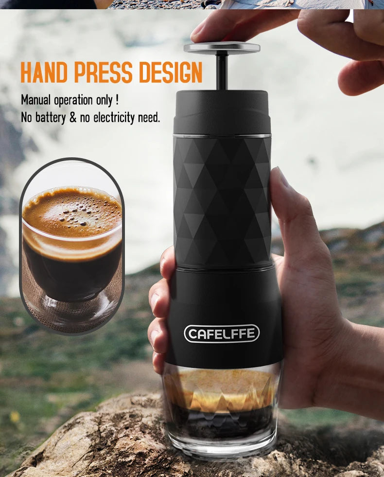 Cafelffe 3in1 Portable Coffee Machine Manual Espresso Maker For Capsule & Ground Milk Froth Hand Press Brewer hiking Travel Gif