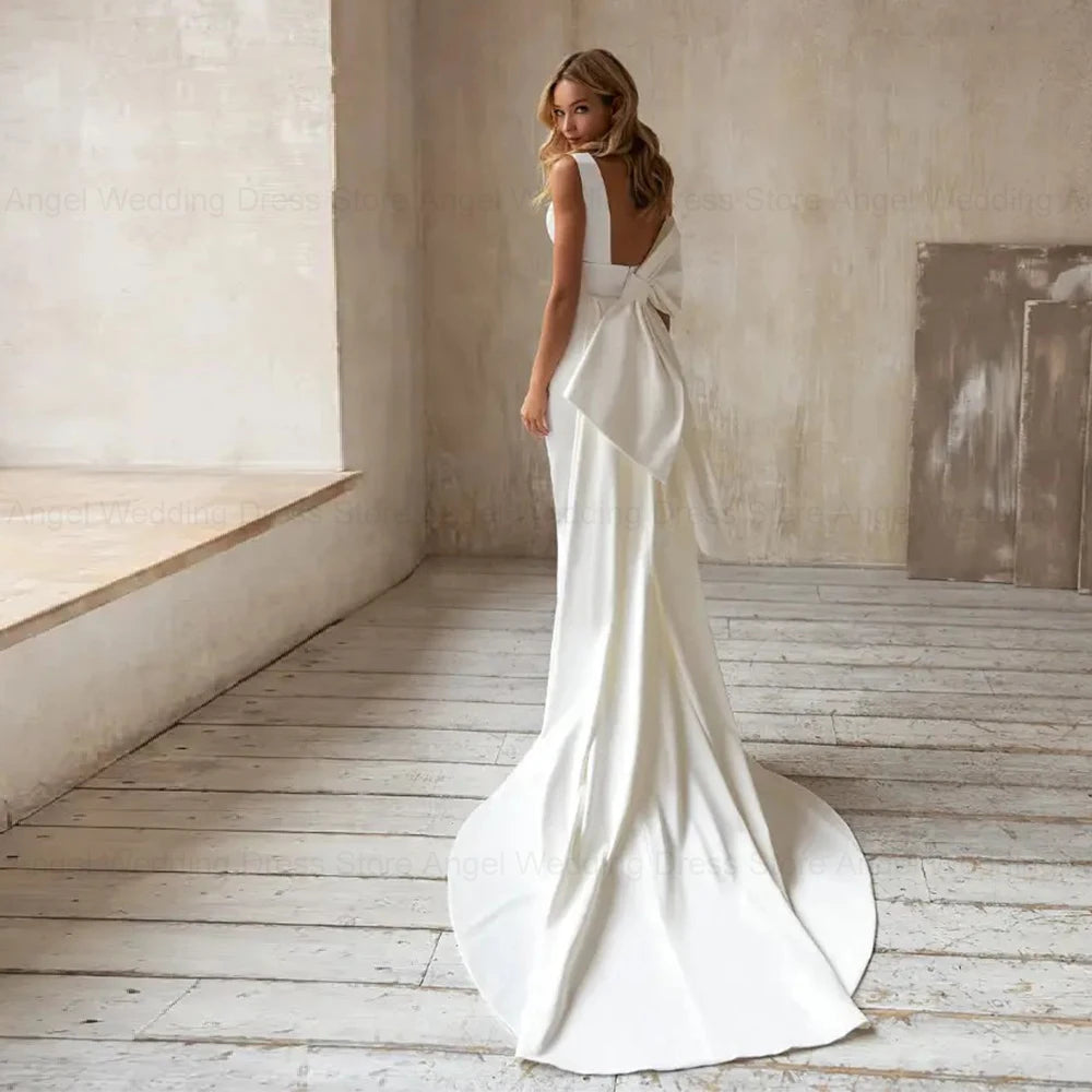 ANGEL Mermaid Elegant Wedding Dress 2025 Customized Detachable Train Bow V-Neck Simple Bridal Gown Sleeveless Vestidos De Novia