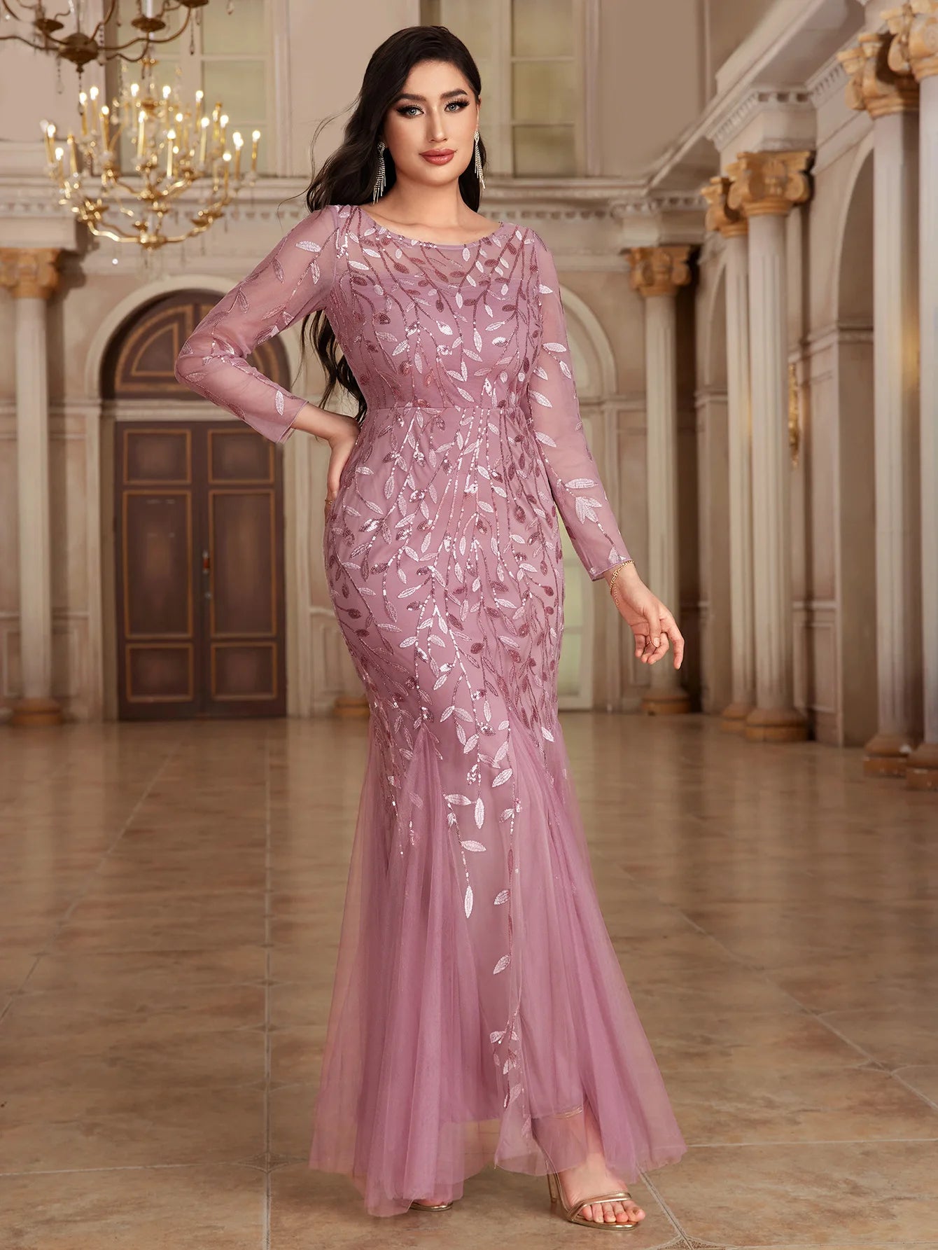 Elegant Round Neck Sequined Mermaid Long Formal Evening Dress With Long Sleeves