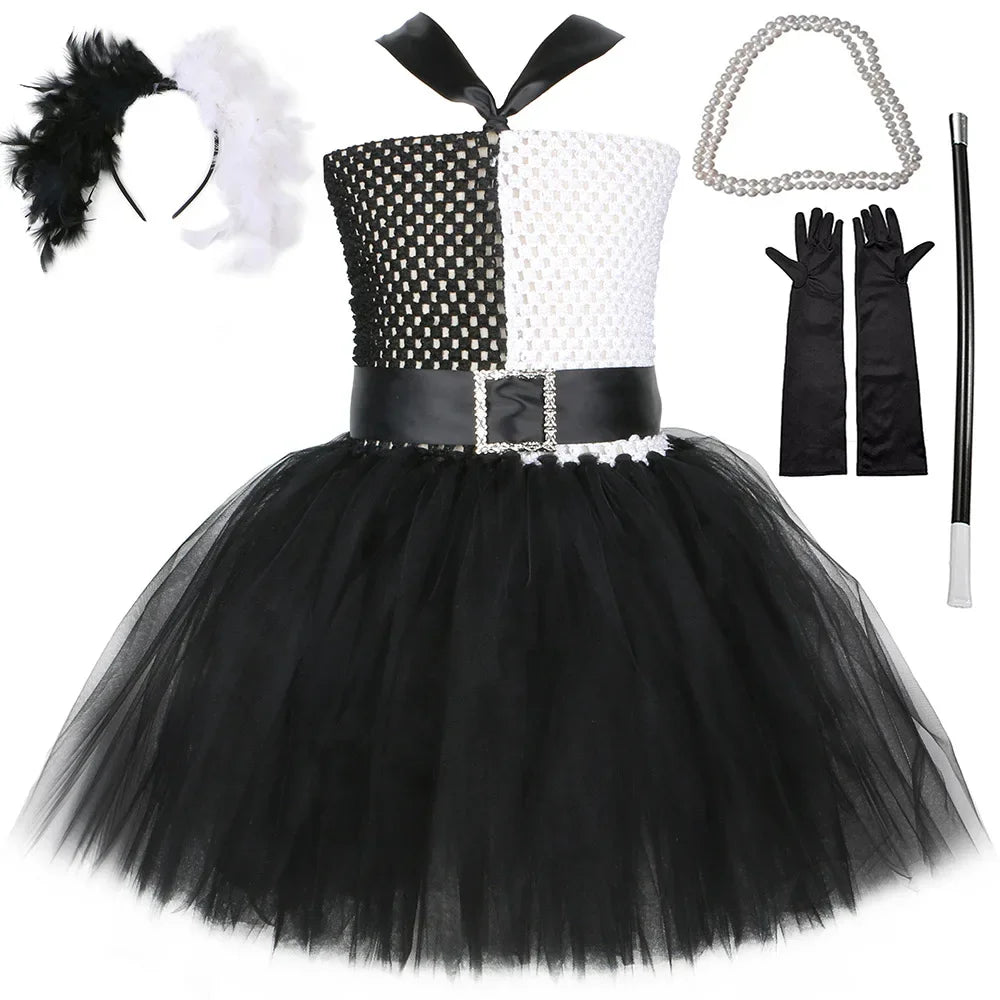 Halloween Crulla Cosplay Costume Cruella Tulle Dress Party Girls Black White Carnival Kids Cruella Wig Lace Mask Suit Clothes