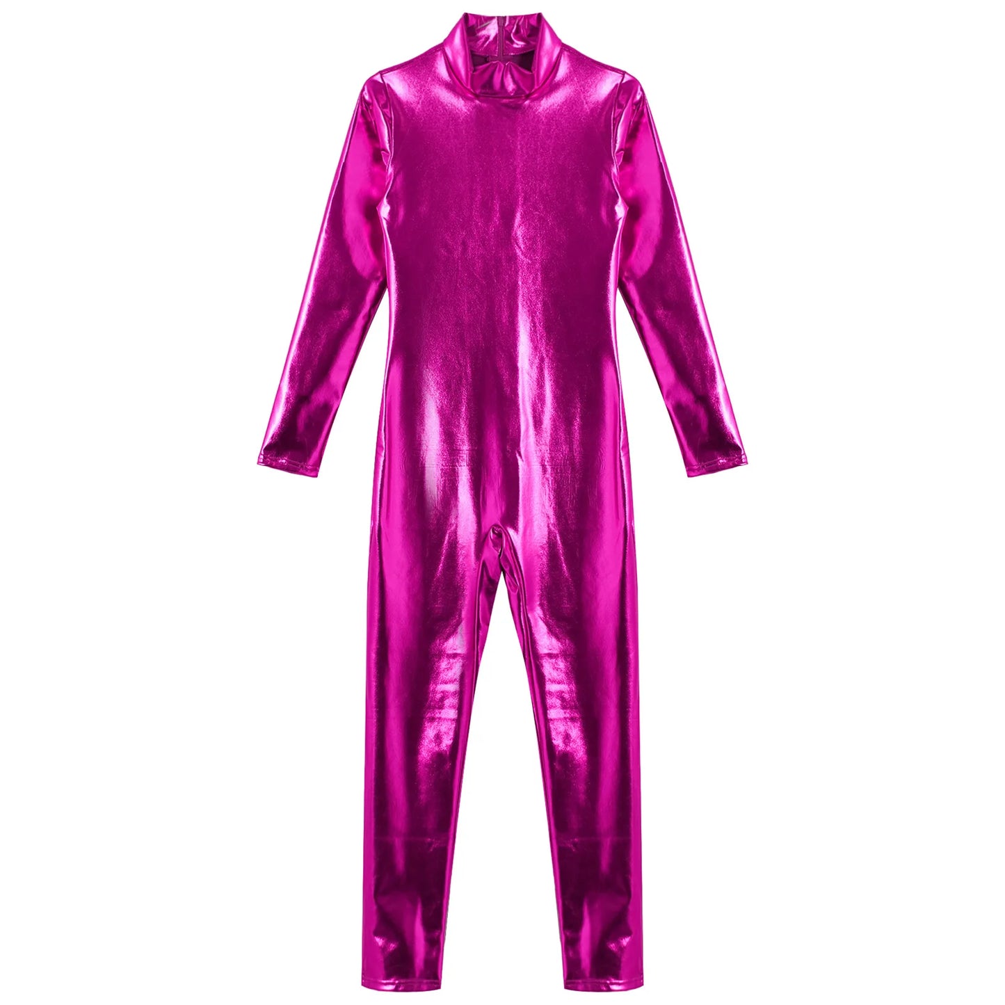 Kids Boys Girls Dance Metallic Jumpsuit Children's Gymnastics Bodysuit Performance Costume Long Sleeve Full Length Leotard