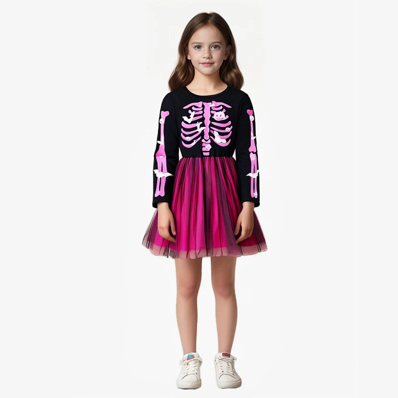 Girls Halloween Dress 2-7 Years Rainbow Skeleton Costume with Glow-in-Dark Print Toddler Party Dress for Witch Party & Cosplay