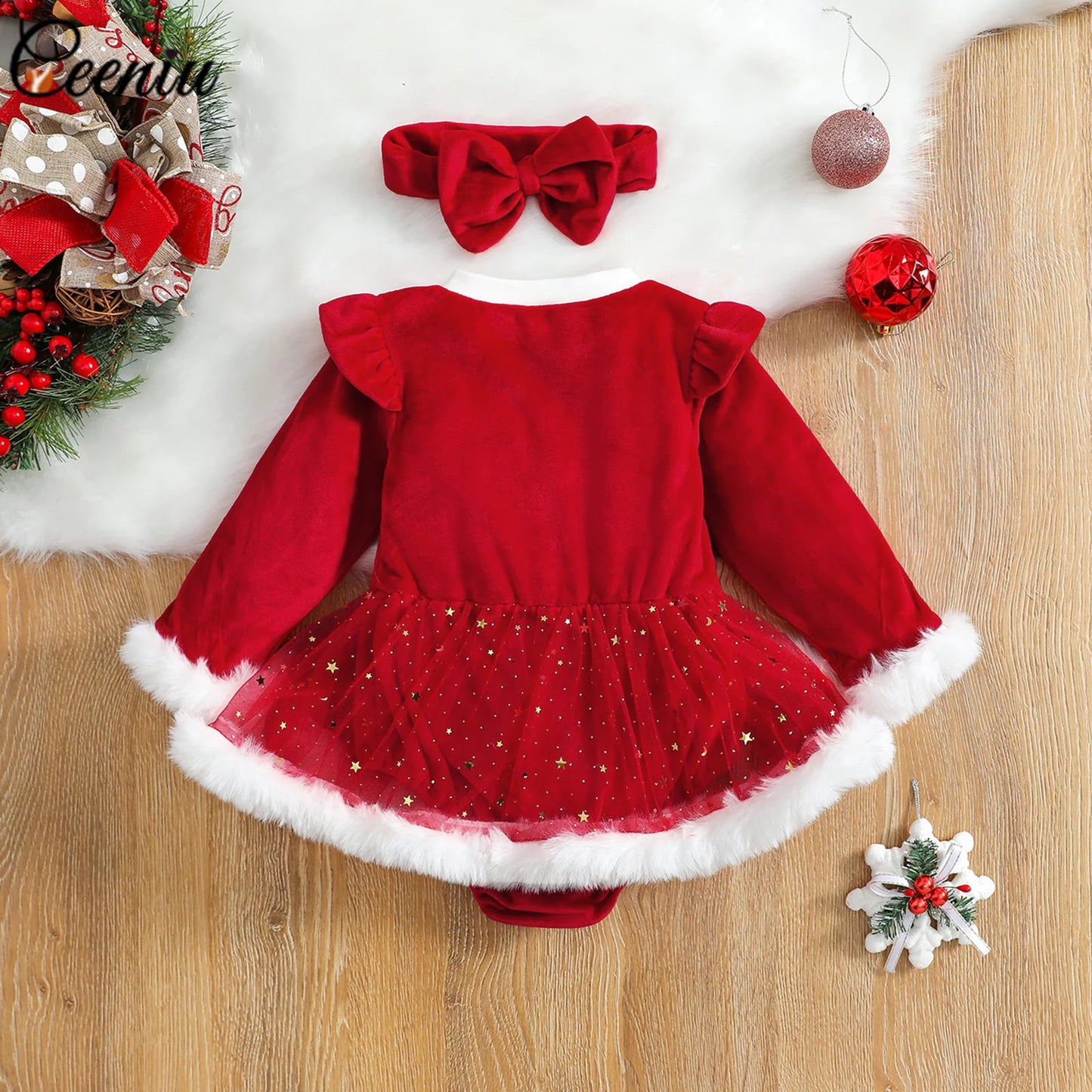 Ceeniu Baby Christmas Bodysuit Dress For Girls Green Santa Claus Letter Rompers Infants Onesies My First New Year Costume Baby