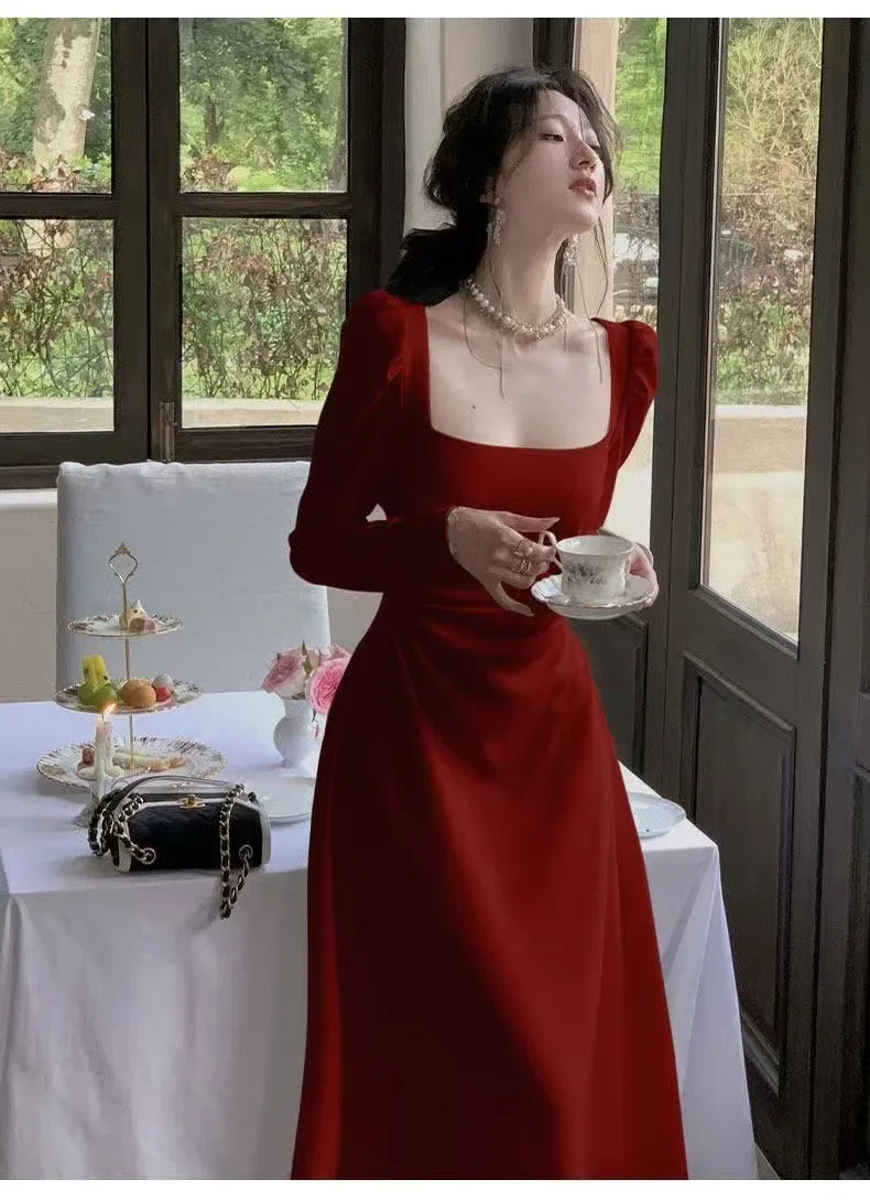 Red Long Sleeve Dress Wedding Dress Spring Autumn French Style Engagement Party Drinking Ceremony Bridal Gown Everyday Wear