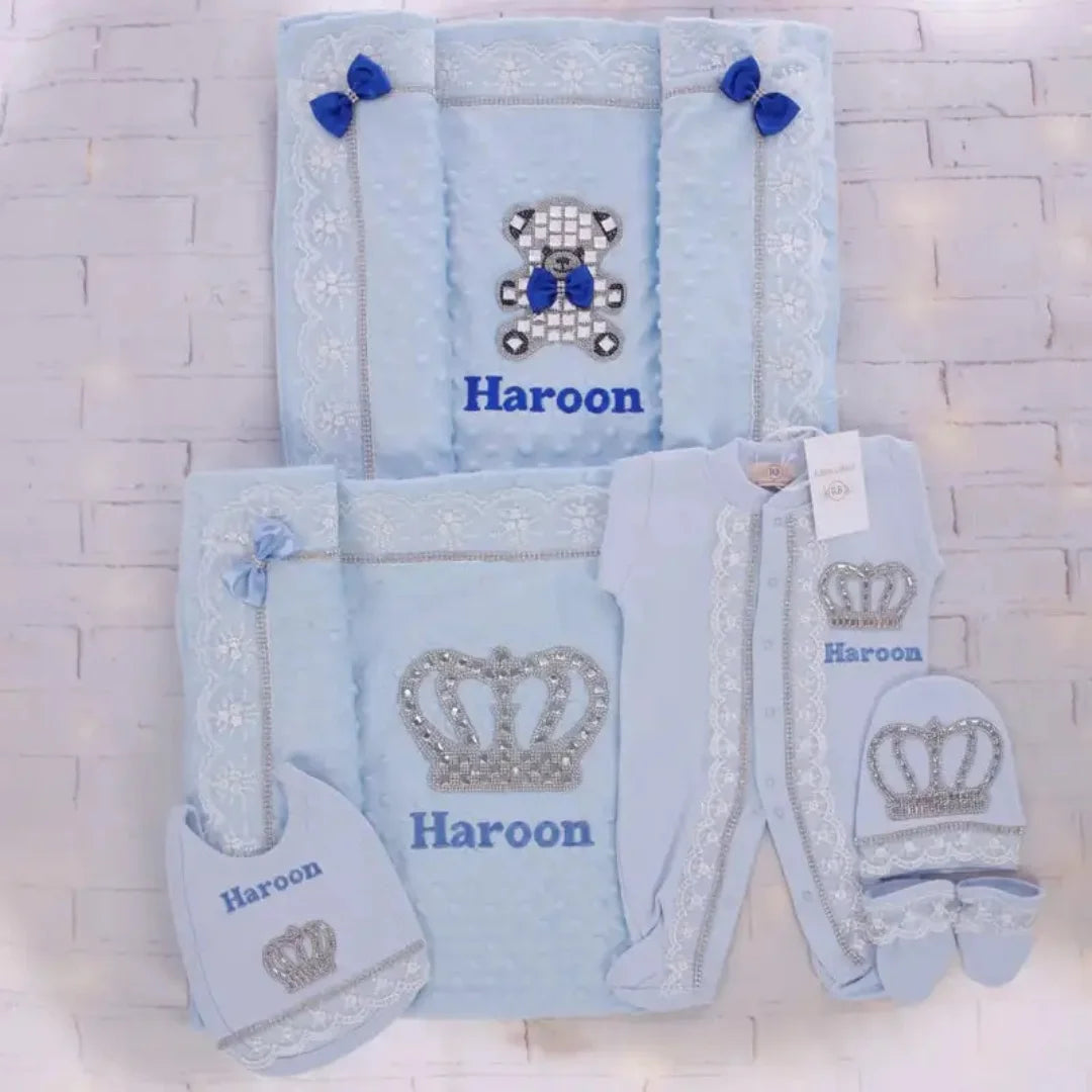 Customized Name Newborn Baby Boss Embroidery Lace Romper Outfit Infant Wrapped Baby Products Pants Mittens Receiving Blanket