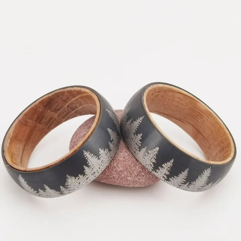 Somen 8mm Tungsten Carbide Wine Barrel Wood Ring For Men Brushed Laser Forest Pattern Engagement Wedding Bands Fashion Jewelry