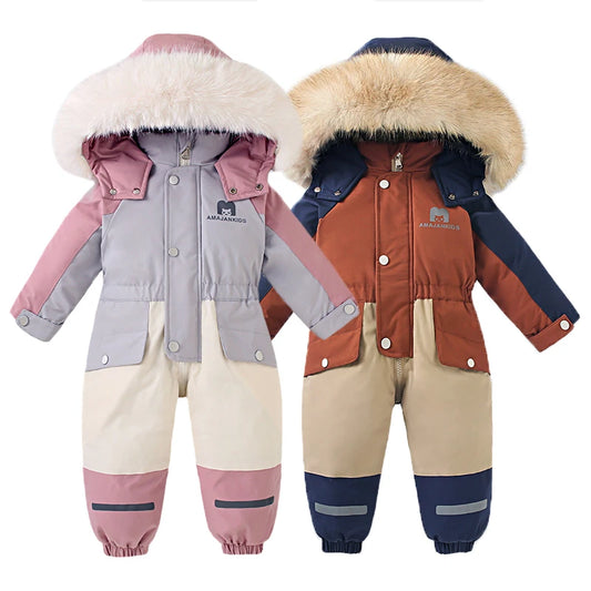 Children Winter Ski Suit Thicken Baby Jumpsuit Warm Boys Snowsuit Waterproof Hooded Fashion Baby Girls Clothes 1-5 Years