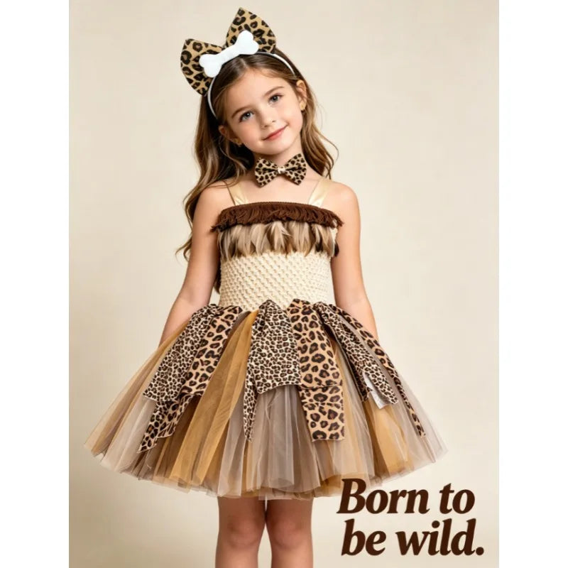 Kids Caveman Primitive Style Tutu Dress Aboriginal Indian Savage Theme Outfit Halloween Carnival Stage Performance Party Clothes