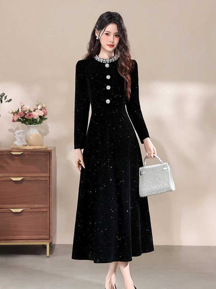 Formal Occasion Black Shiny Slim Long Evening Dress Women Clothes Elegant Luxury Lady Fashion Party Prom Birthday Vestids Retro