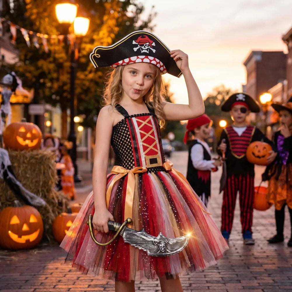 2-12Yrs Children Cosplay Villain Costume Tutu With Hat Girls Halloween Party Outfit Black Red Off Shoulder Princess Pirate Dress