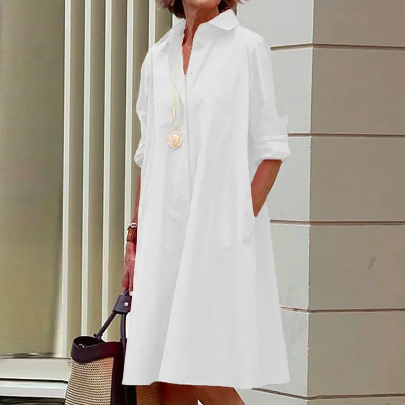 Women Casual Solid Pocket Shirt Dress Elegant Turn Down Collar Office Lady Dress Autumn Female Long Sleeve Loose Dress Vestidos