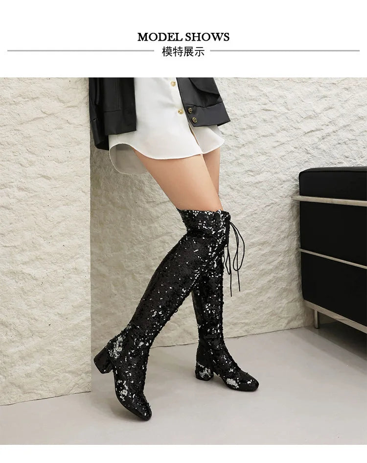 Glitter Bling Boots Women Over the knee Chunk High Heels Zipper Lace-Up Runway Lady Shoes Large Size Thigh High Boots Size 46