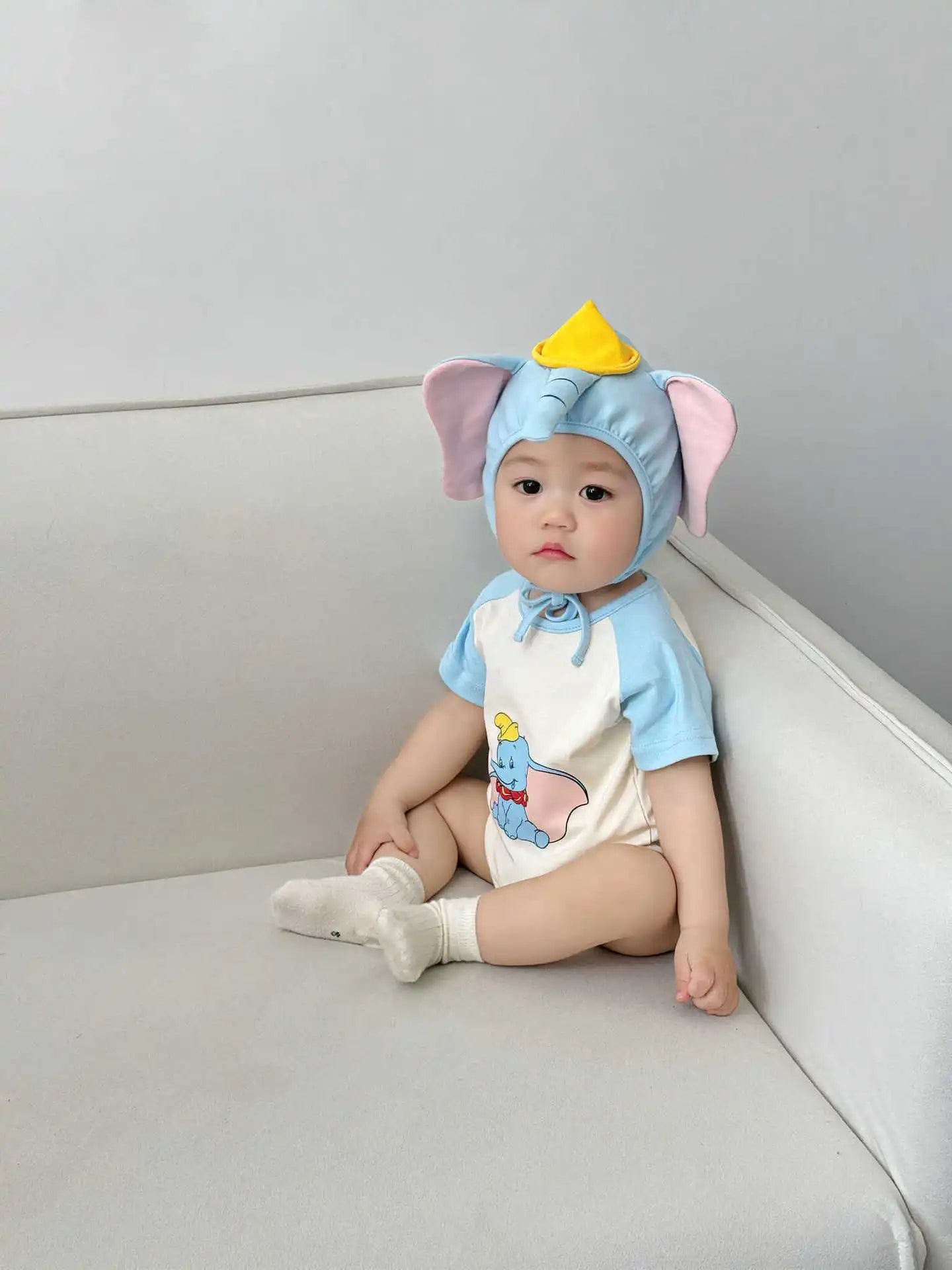 3D Elephant Print Baby Onesie with Hat Set Short Sleeve Romper Bodysuit Outfit Newborn Infant Summer Outfit Cute Animal Costume