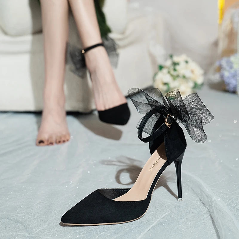 Fashion Silk Bowknot Satin Women Pumps Summer Pointed Toe High Heels Party Wedding Stripper Heels Lady Shoes Big size 45