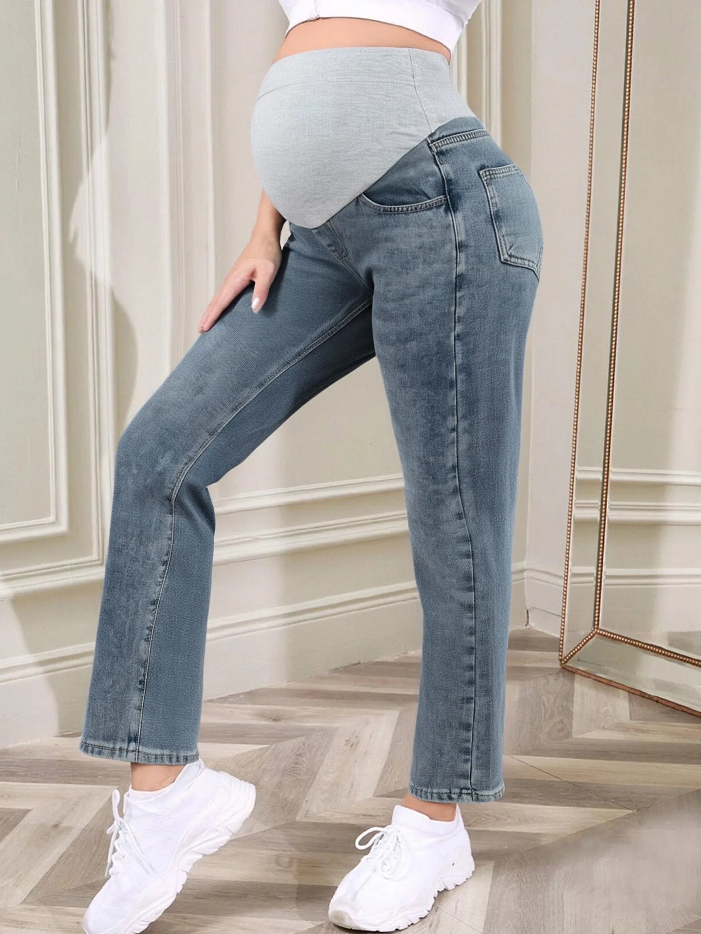 Pregnant Women Fashion Casual Wide-Leg Jeans Adjustable High Waist Belly Support Denim Pants Maternity Clothing for Daily Party