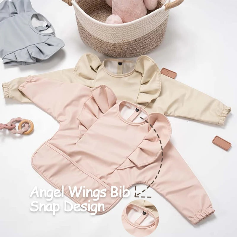 Solid Color Children's Feeding Bib Aprons Waterproof Baby Long-Sleeve Painting Smock with Pocket Easy Clean Bibs for Toddlers