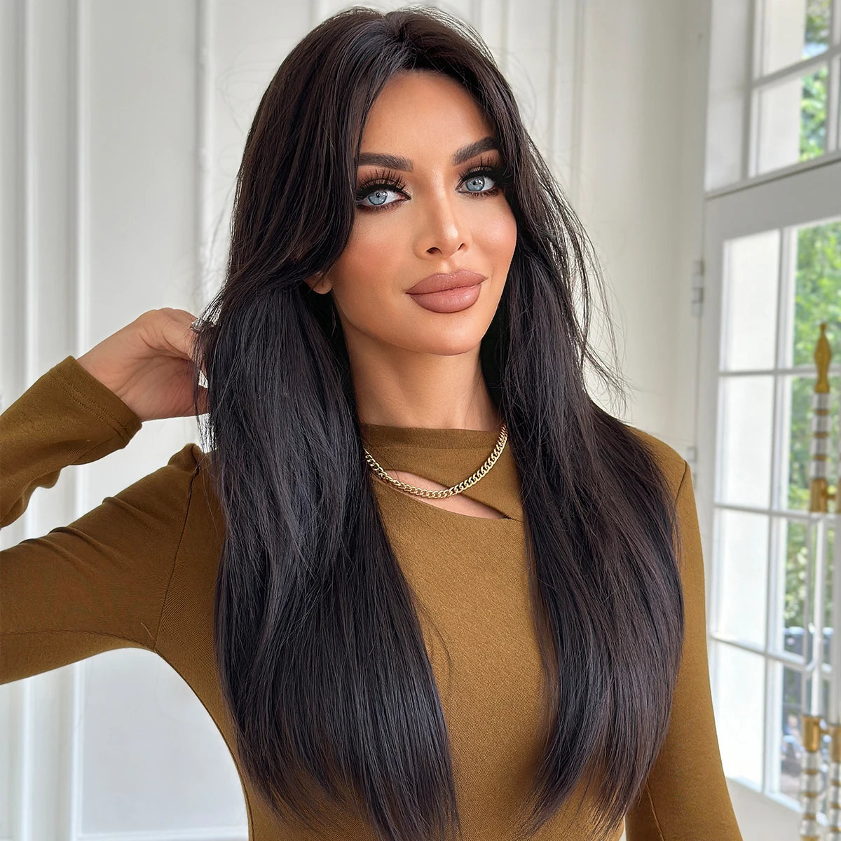 Long Straight Dark Brown Wig High Density Synthetic Middle Part Wigs with Curtain Bangs for Women Daily Party Use