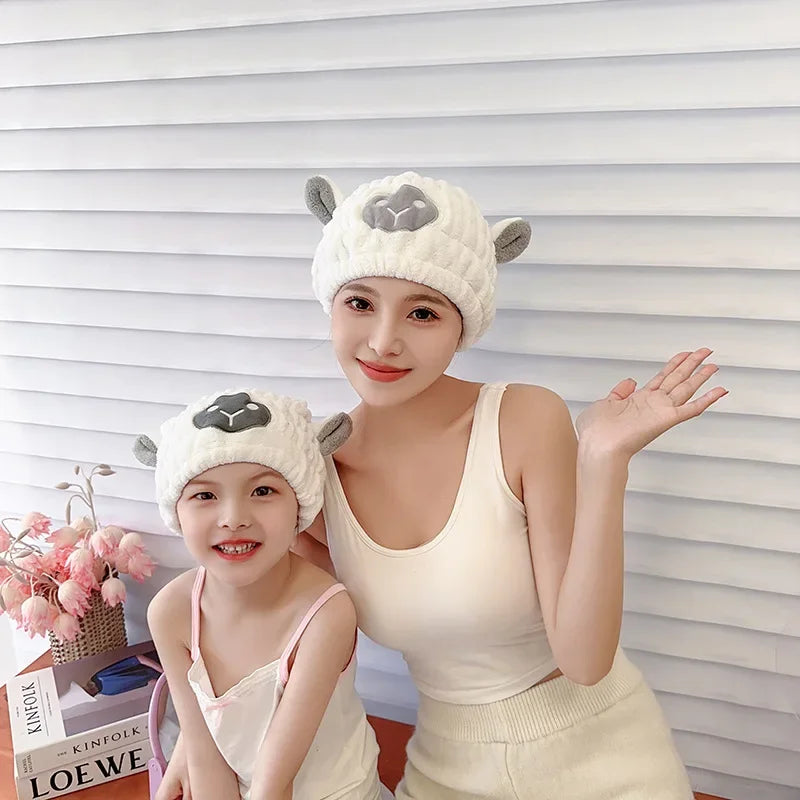 Coral Fleece Cartoon Kids Hair Drying Hat Animal Embroidered Shower Cap Absorbent Quick Dry Tape Cute Bathroom Accessory Soft