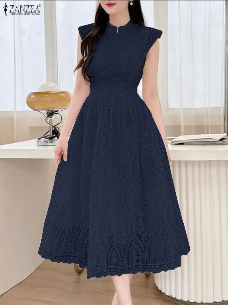 ZANZEA Elegant Women's Wedding Guest Party Midi Dress Embroidered Mesh Patchwork Stand Collar Cap Sleeve Dresses Woman Clothes