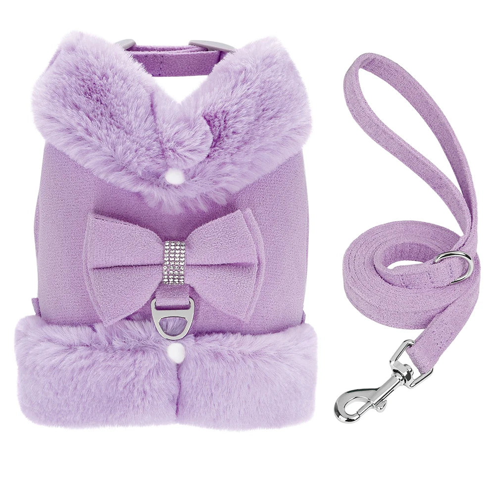 Soft Warm Dog Vest Harness and Leash Set Cute Bowknot Pet Winter Clothes Vest Warm Fur Small Dog Clothing French Bulldog Pink
