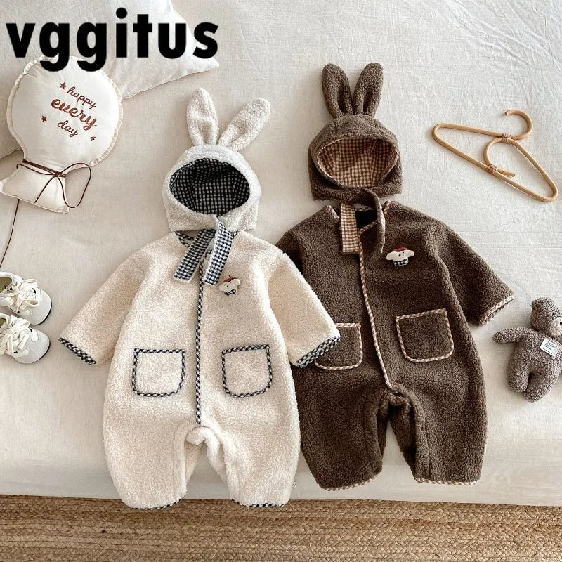 New Autumn Winter Baby Girl Boy Romper with Bunny Hat Cute Pocket Design Warm Infant Long Sleeve One-Piece Jumpsuit B5066