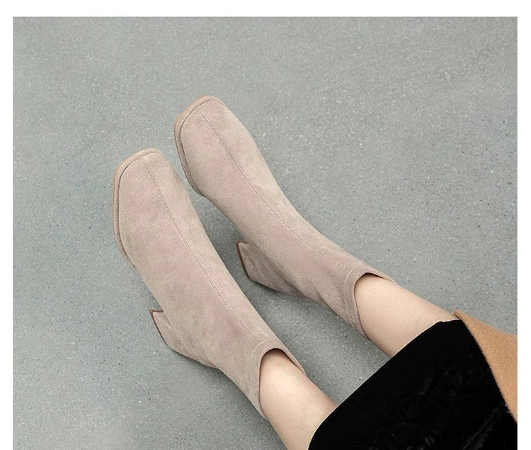 2023 Autumn/Winter New Square Headed Suede Short Boots Women's Boot with Thick Heels and Mid Heel Single Boots