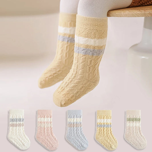 3/5 Pairs Winter Warm Baby Mid Tube Socks Soft Thickned Striped Newborn Socks Toddler Socks For Boys And Girls