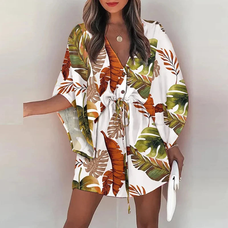 Women Casual Loose Dress Beach Boho Dress Fashion Vintage Print V Neck Drawstring Mini Dress Summer Dresses Robe Femme 2022