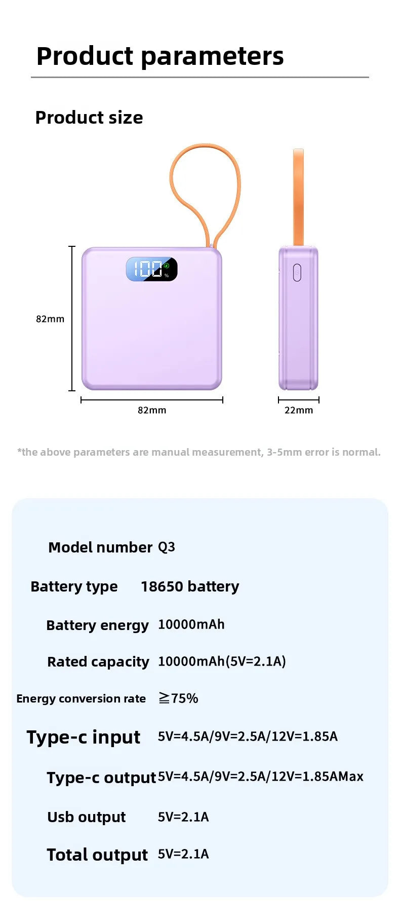 10W PD 22.5W Fast Charge Power Bank Case 3x18650 Solderless DIY Battery Box USB Type C PD3.0 QC4.0 Shell With Charging Cable