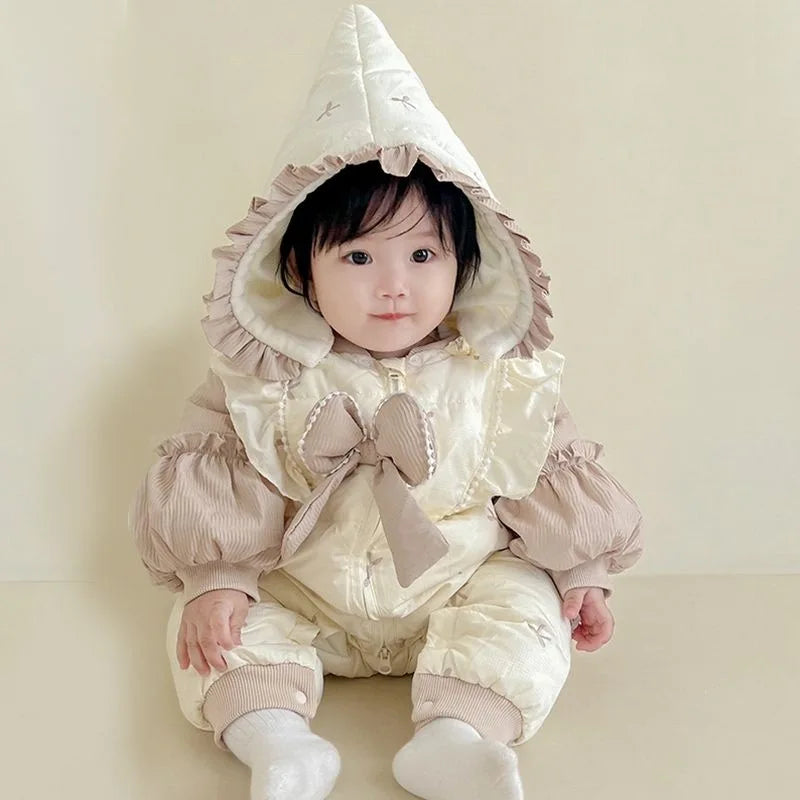 2025 New Baby Winter Rompers Thick Cotton Hooded Jumpsuit Cozy Infant Bowknots Ruffle Outerwear for Newborns (0-24 Months)