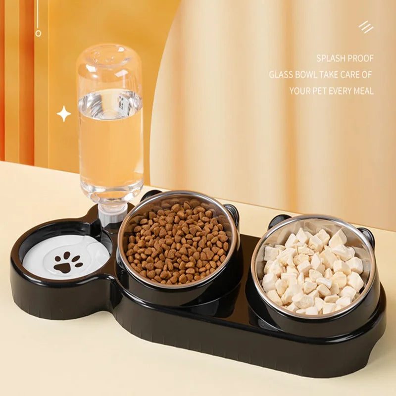 Cat Bowl Slanted Mouth Dog Bowl Cat Rice Bowl Double Bowl Stainless Steel Automatic Refilling Pet Bowl Three In One Drinking Fee