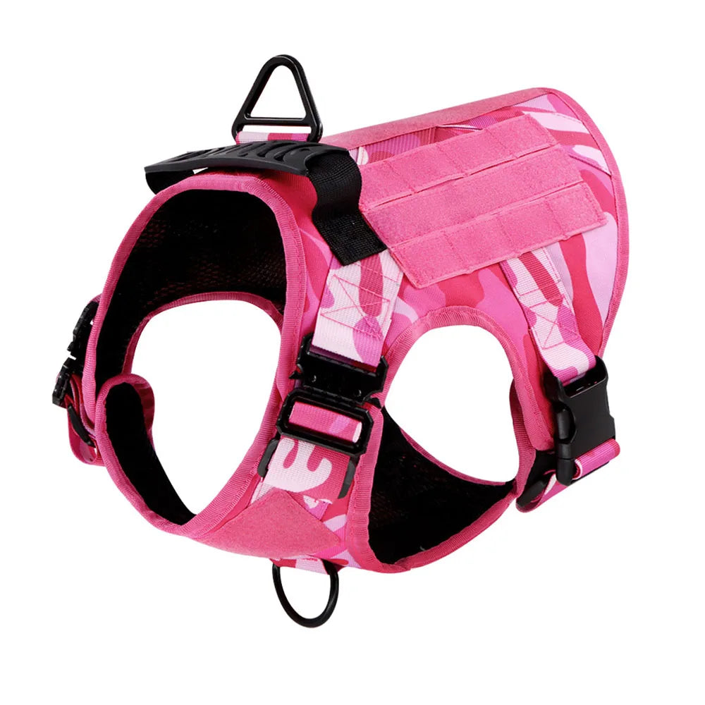 Tactical Pink Dog Harness Leash Set for Medium to Large Dog Adjustable Chest Strap Heavy-Duty Nylon for Outdoor Training Walking