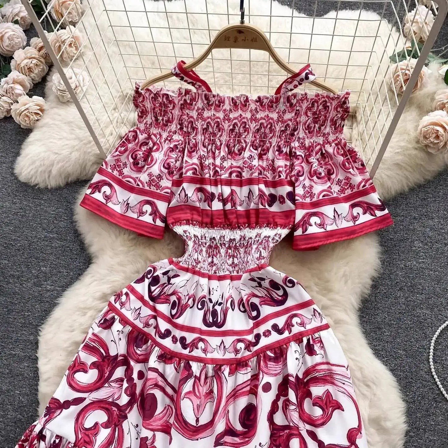 JAMERARY Summer Runway Blue White Porcelain Print Midi Dress Women's Straps Flare Sleeve Elastic Waist Cotton Floral Vestidos