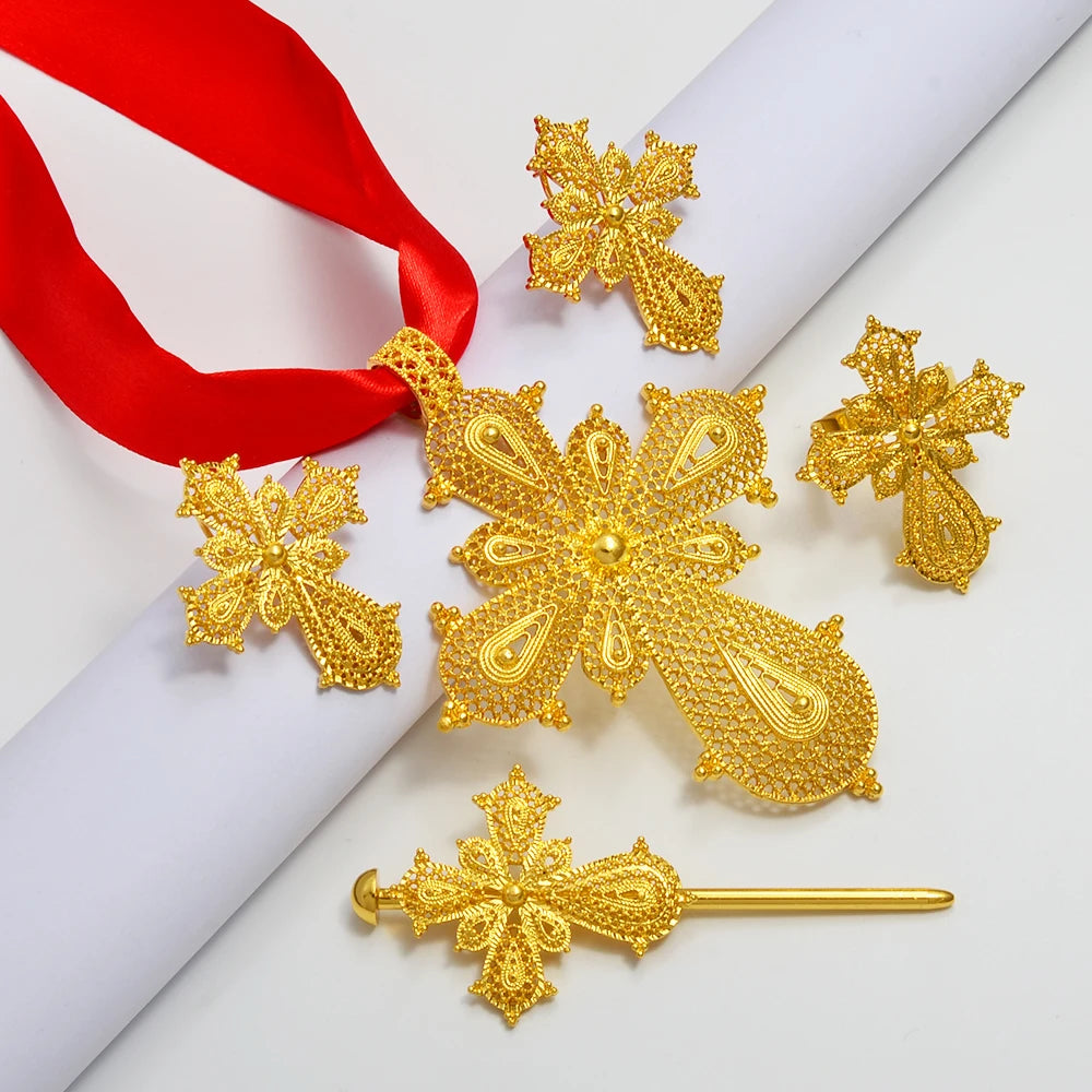 Anniyo Ethiopian Cross Jewelry sets Silver/Gold Color Necklaces Earrings Ring Hairpin Eritrean African Ethnic Wedding #313806