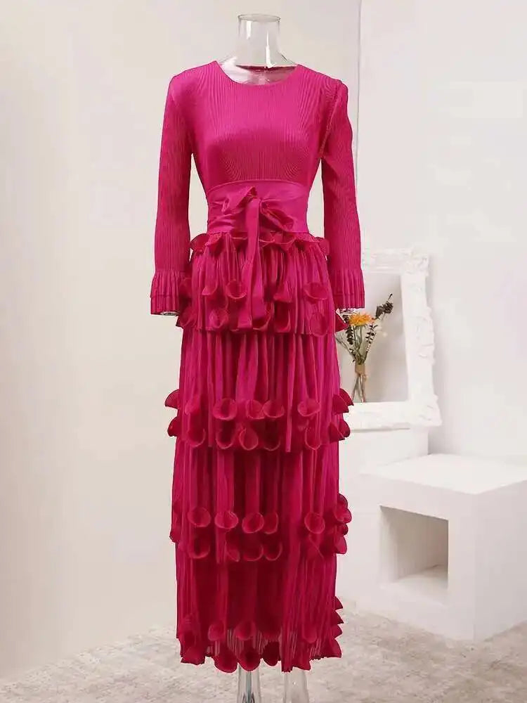 LANMREM Pleated Appliques Long Dresses For Women Round Collar Lace-up Full Sleeve Evening Party New 2025 Lady Dress 32S1173