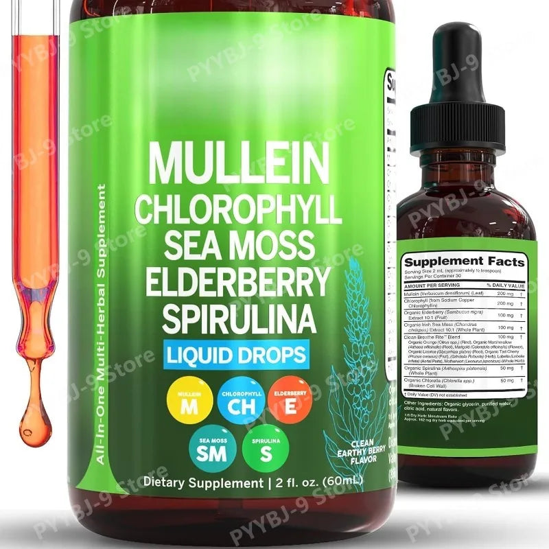 Mullein Drops Liquid Chlorophyll Elderberry Sea Moss Spirulina Chlorella Marigold Lung Cleanse Tincture Men Women 2 Fl Oz
