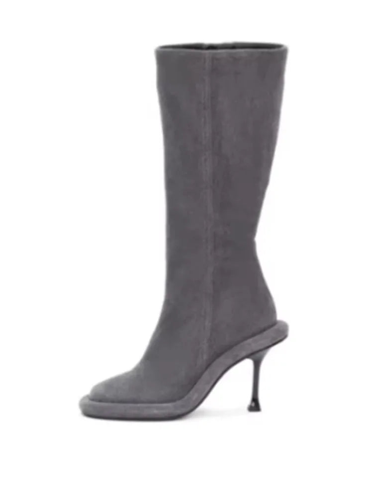 2025Women's New Slim High-heeled Knee High Boots with Side Zipper Round Toe 34-43 Large Mid Length Boots