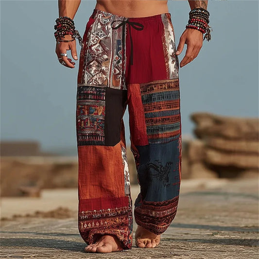 New men's loose fit casual pants with 3D printed geometric patterns, fashionable and comfortable wide leg pants