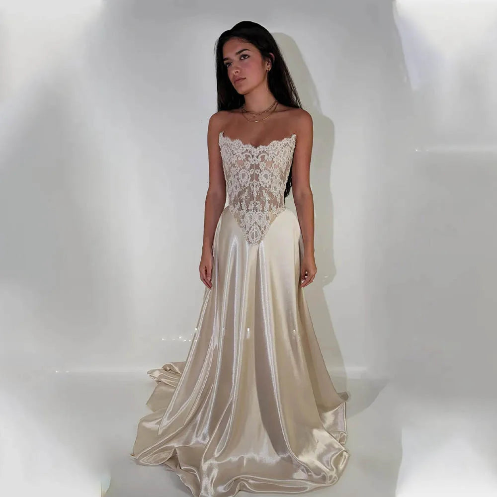 Modern Off Shoulder Beaded Lace Corset Wedding Dress with Satin Skirt and Train, Basque Waist Bridal Gown,