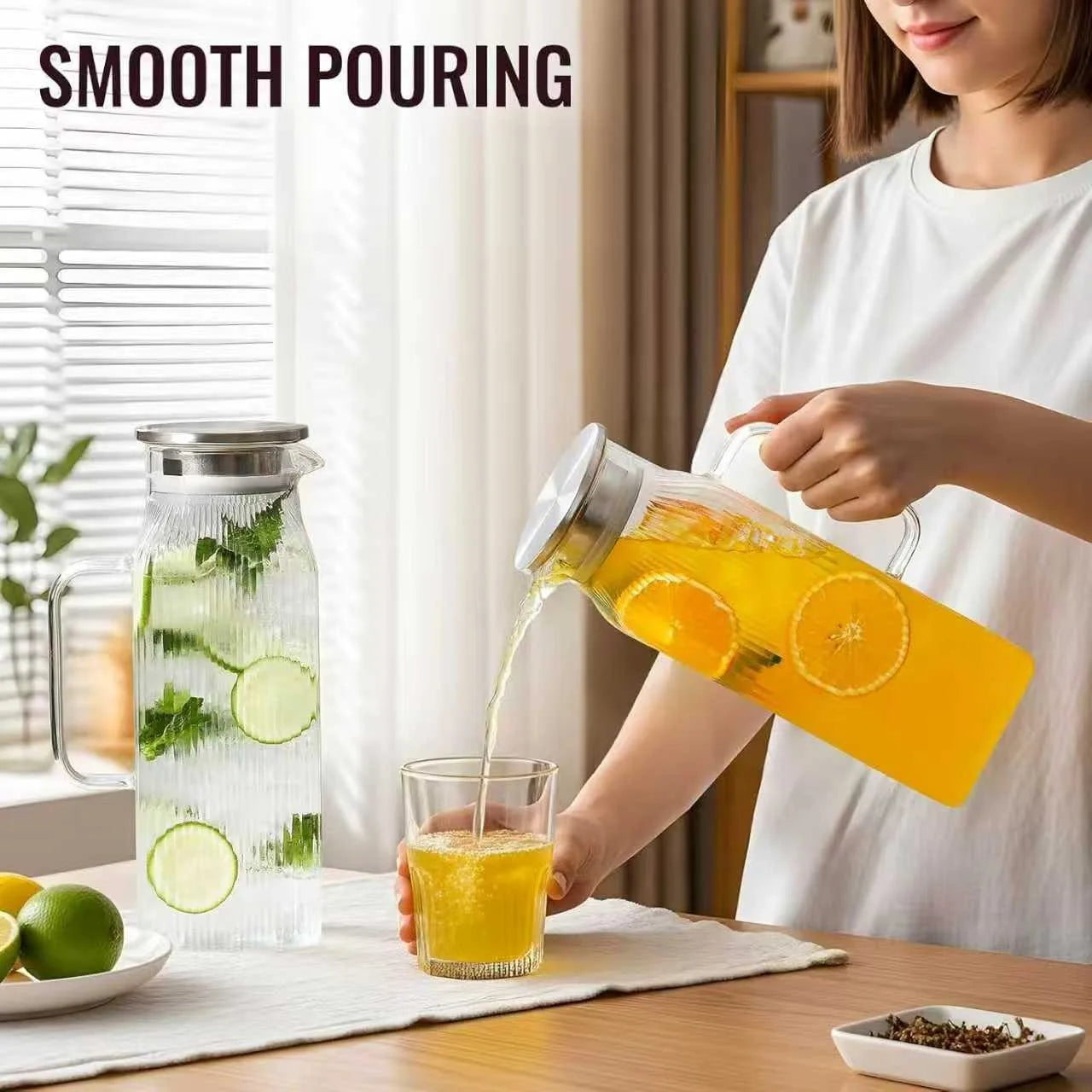JUSTINLAU 1.2/2L Cold Water Jug High Borosilicate Glass Water Pitcher for Steamed Juice Fruit& Iced Tea Home Kitchen Accessories