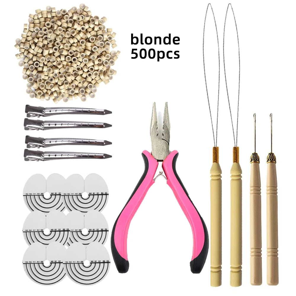 500 Pcs Hair Extensions Tools Kit Silicone Micro Rings with Three-Hole Hair Pliers Pulling Hook Needle Loop Threader
