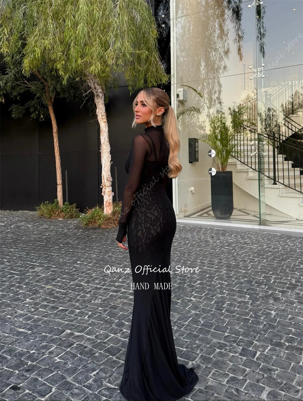 Qanz Modest Black Lace Evening Dresses Sheer Long Sleeves Prom Dress Mermaid Elegant Dresses For Special Event  Customized