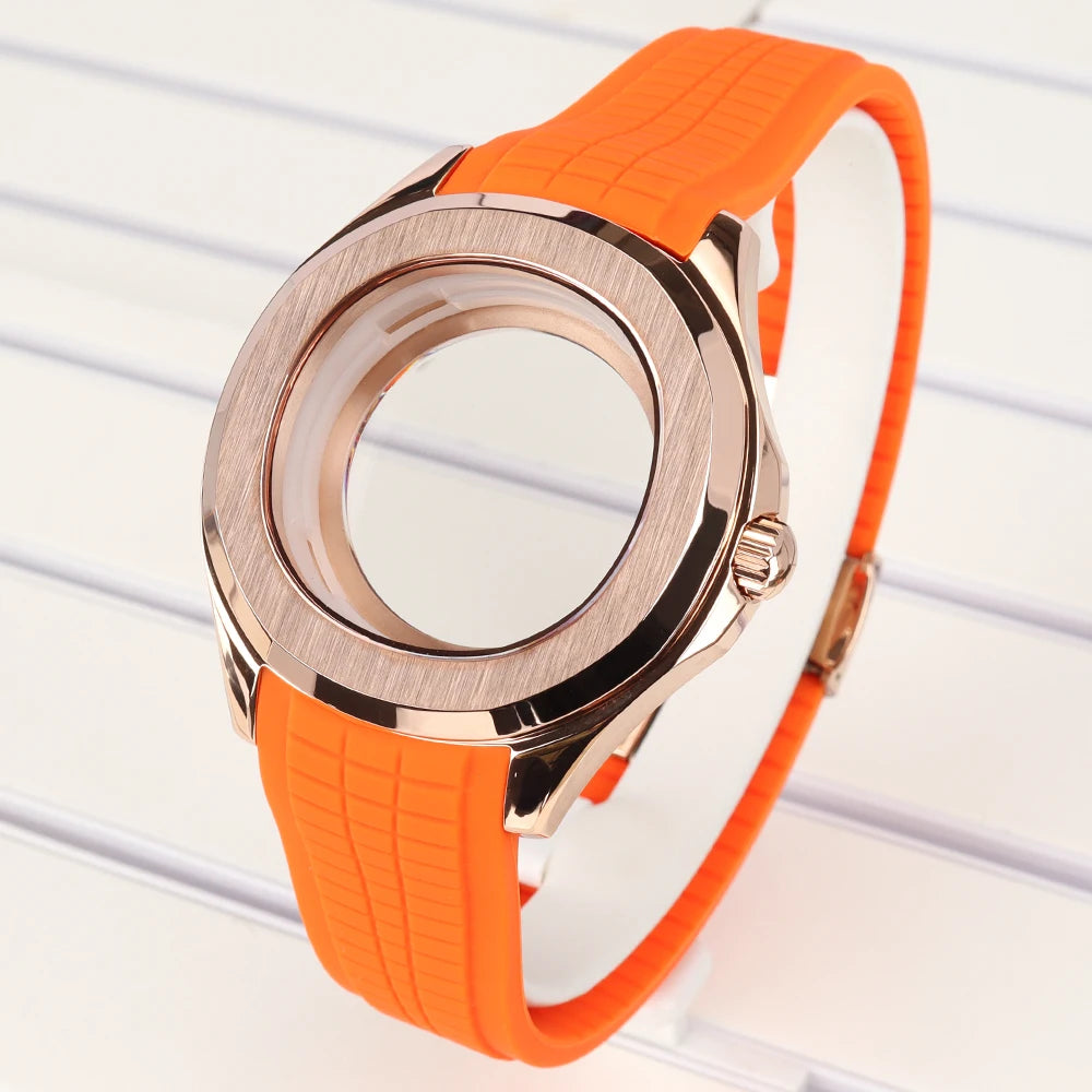 42mm Silver NH35 Watch Case Polished Brushed Black strap SapphireGlass For Nautilus AQUANAUT Cases Part NH35 NH36 NH38 32mm Dial