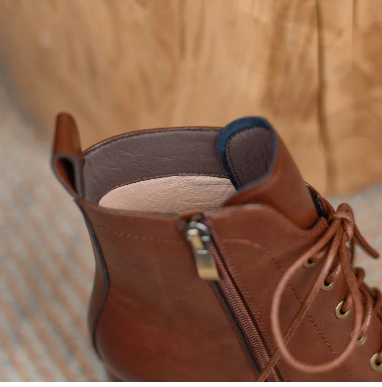 New Autumn/Winter Women Boots Cow Leather Fashion Women Shoes Square Toe High Heel Shoes for Women Lace Up Modern Short Boots