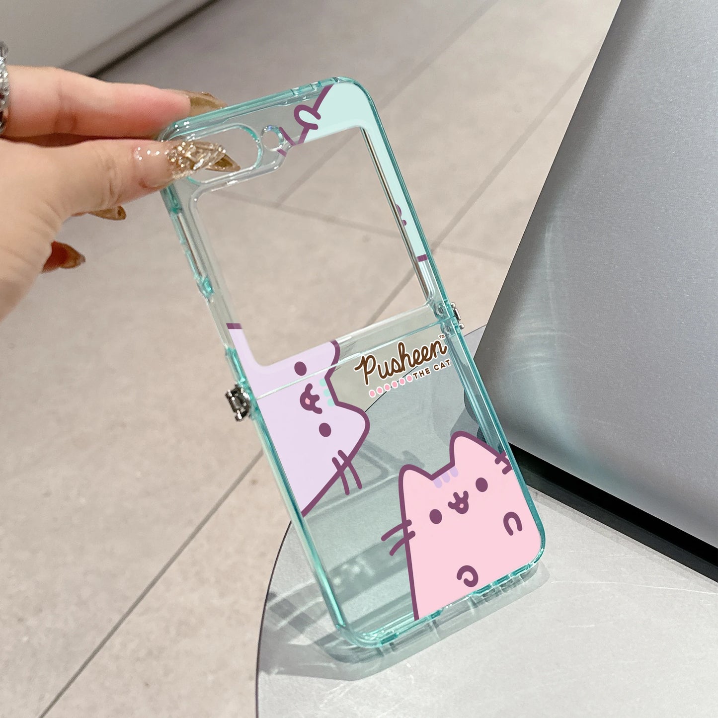 Cute Cartoon Funny Donuts P-Pusheens Cat Phone Case for Motorola Moto Razr 40 50 60 Ultra 5G Semi-transparent Foldable TPU Cover