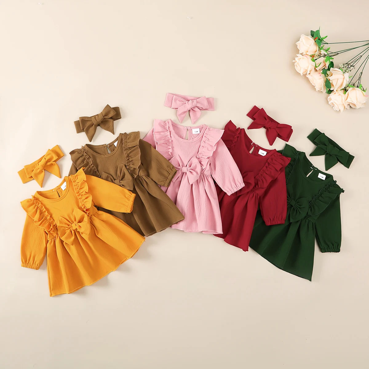 Baby girl Autumn Dress Ruffled Edges and Bow, Long sleeved Dress+Headband for 0-18 Months Cute Baby girl Holiday Party Costume