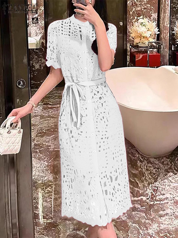 ZANZEA Elegant Lace Sundress Women Vintage Lace-Up Office Dress 2025 Summer Solid Hollow Out Vestidos A-Line CasualRobe Femme