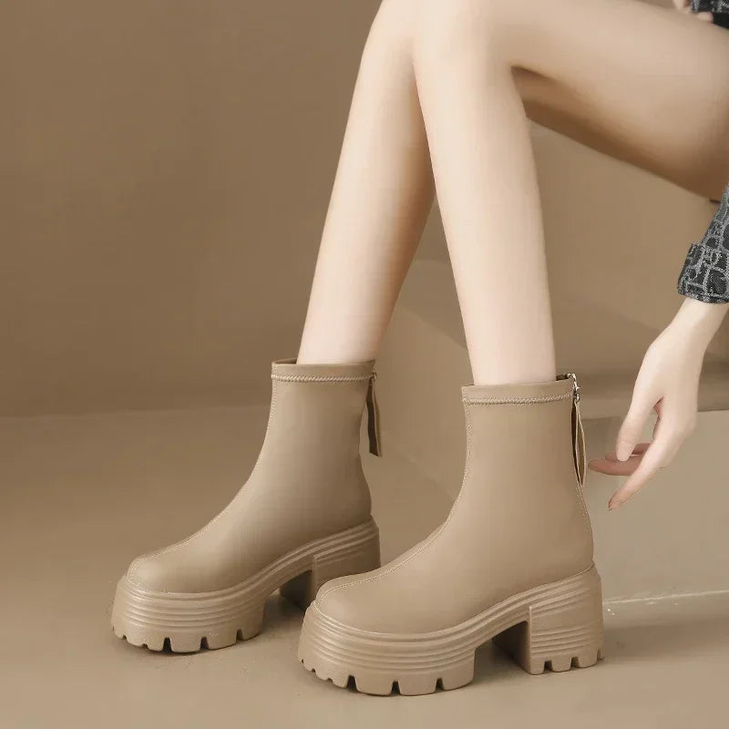 8CM Autumn Chunky Boots High Platform Leather Sneakers Women Round Toe Chelsea Boots British Style Thick Sole Female Ankle Shoes
